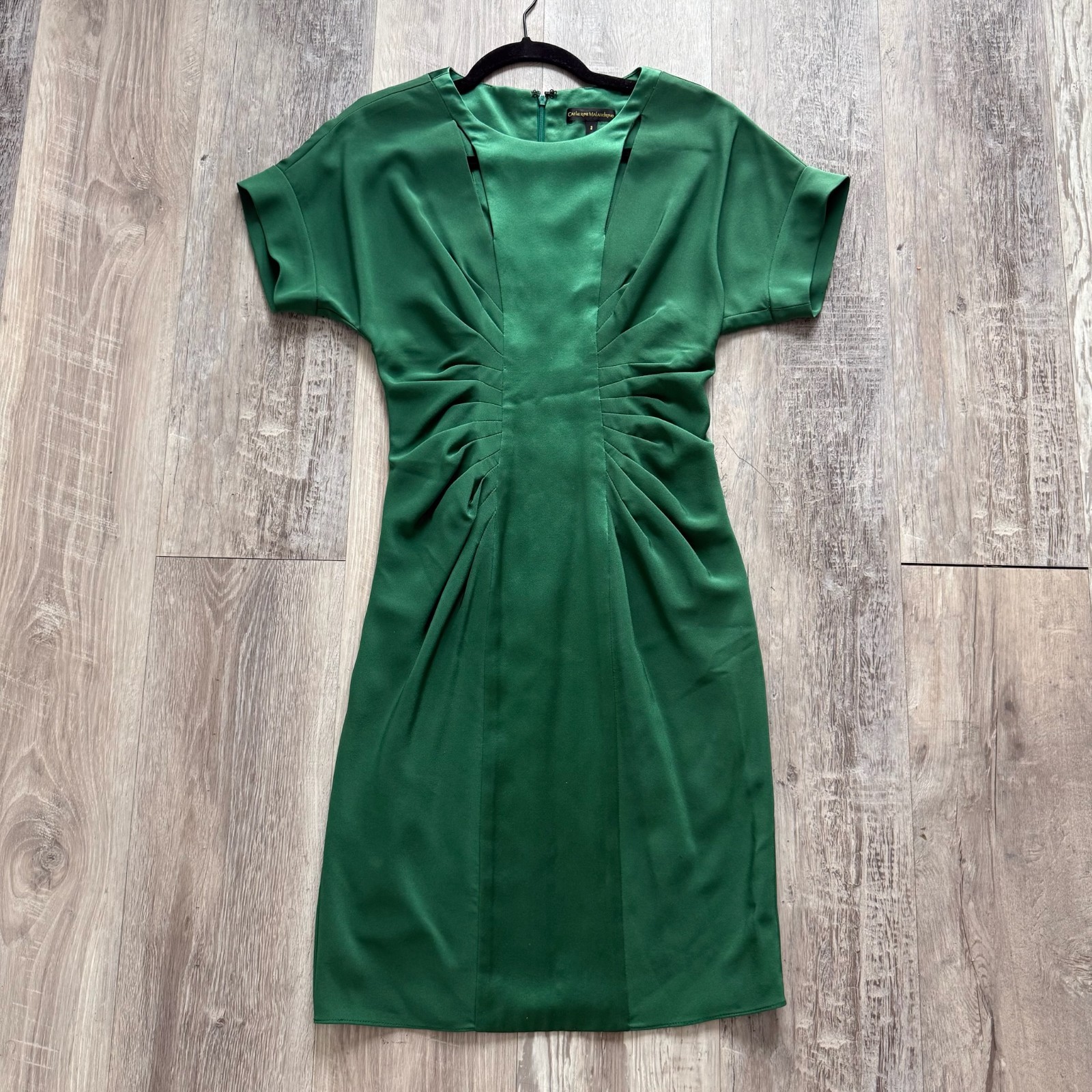 Catherine Malandrino Sheath Dress Womens Size 2 Green Silk Short Sleeve Ruched