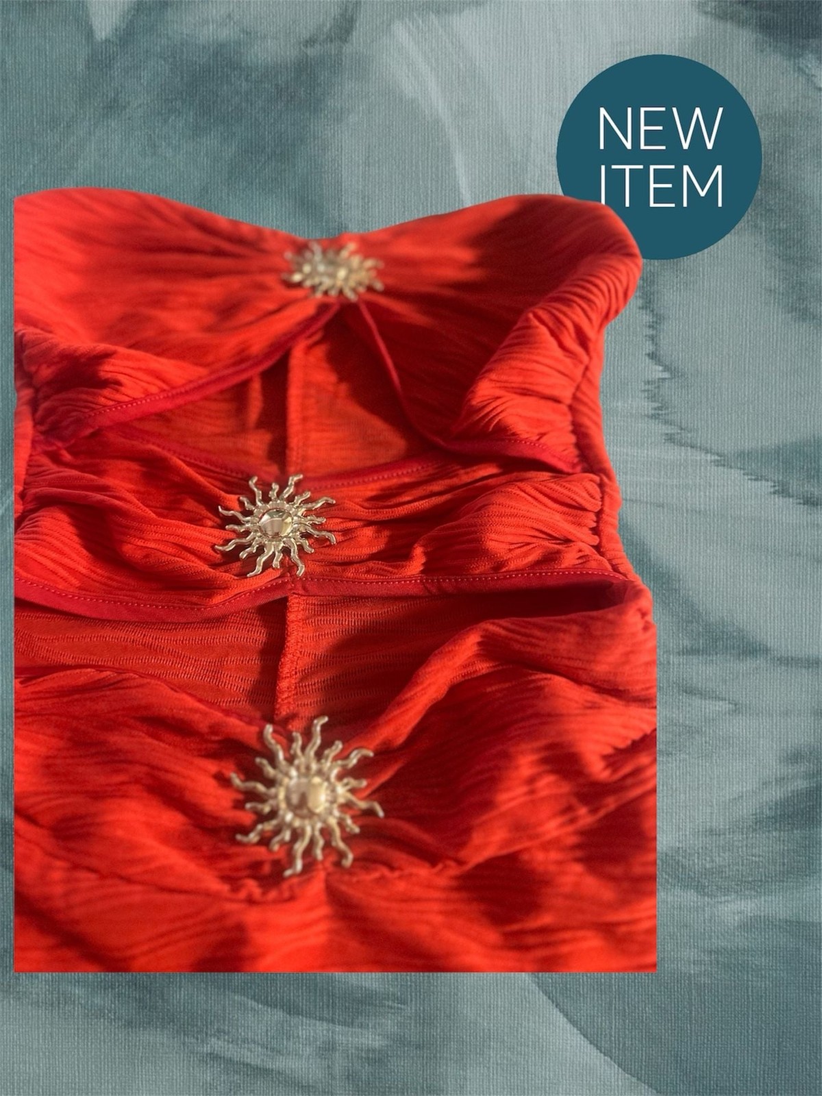 Red Textured Strapless Cut Out Mini Dress with Sun Metal Buttons