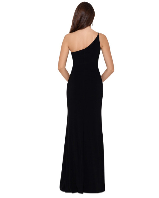 XSCAPE One-Shoulder Long Jersey Sheath Gown Slit Front Black Nude Lining Size 10