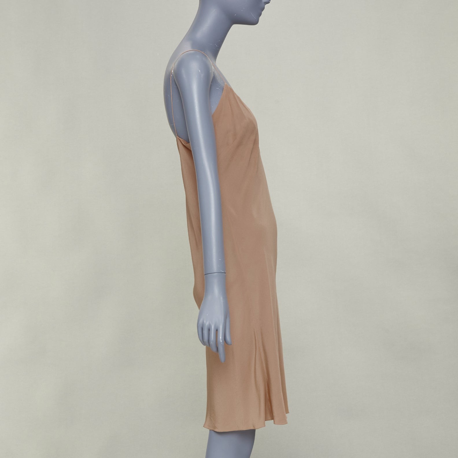 HERMES 100% silk nude spaghetti strap plunging mini slip lining dress FR40 L