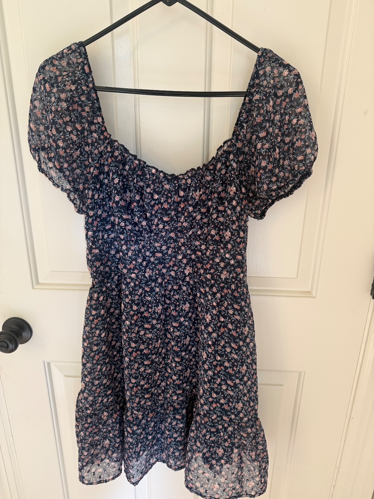 Altar’d State Navy Floral Mini Flowy Sheer Empire WaistDress Boho Cottage chic L