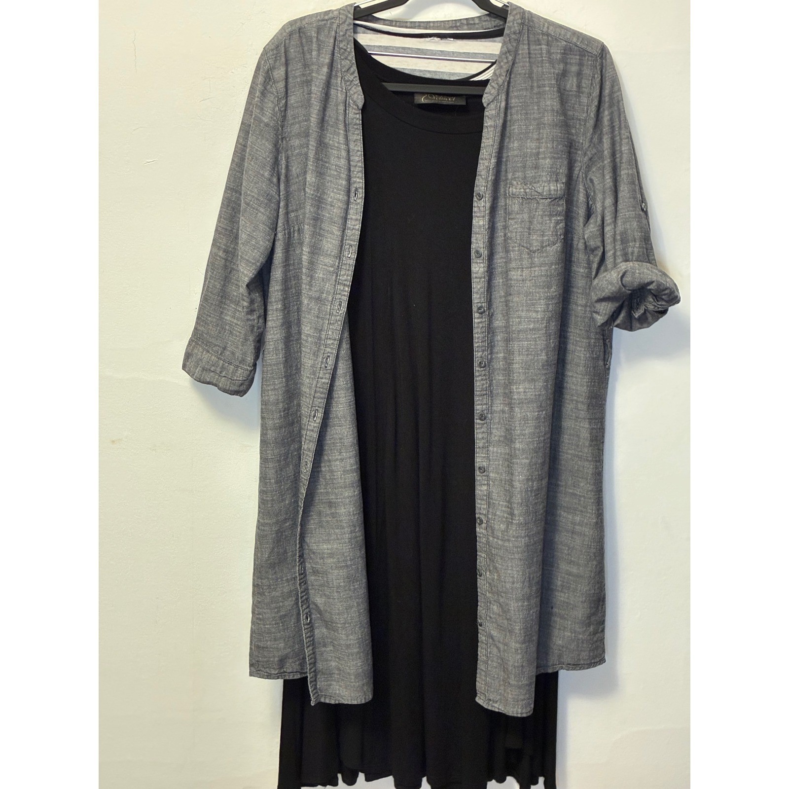Chambray Button Down Shirt Dress Grey Blue Roll Tab Sleeve with Rope Belt