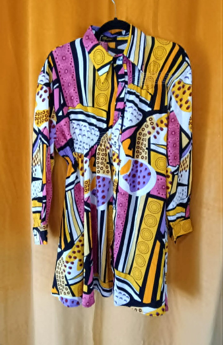 Club Selfie Abstract Print Shirt Dress Womens L Retro 90s Colorful Stretch Y2K