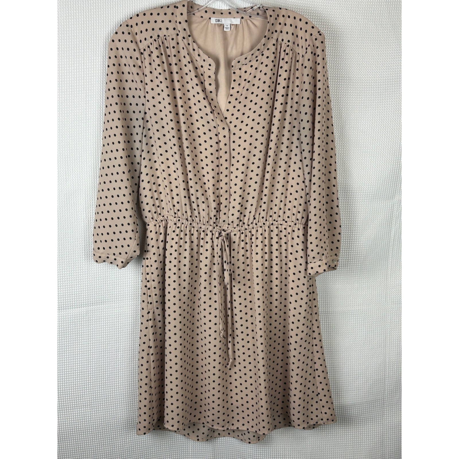 DR2 Women Tan Black Polka Dot Elastic Waist 3/4 Sleeve Shift Dress Medium
