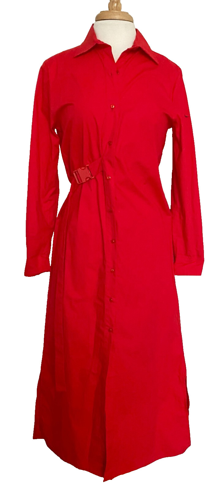 NWT Lola & Co. Red Belted Shirt Dress Button-Front Maxi Long Sleeve Italy S
