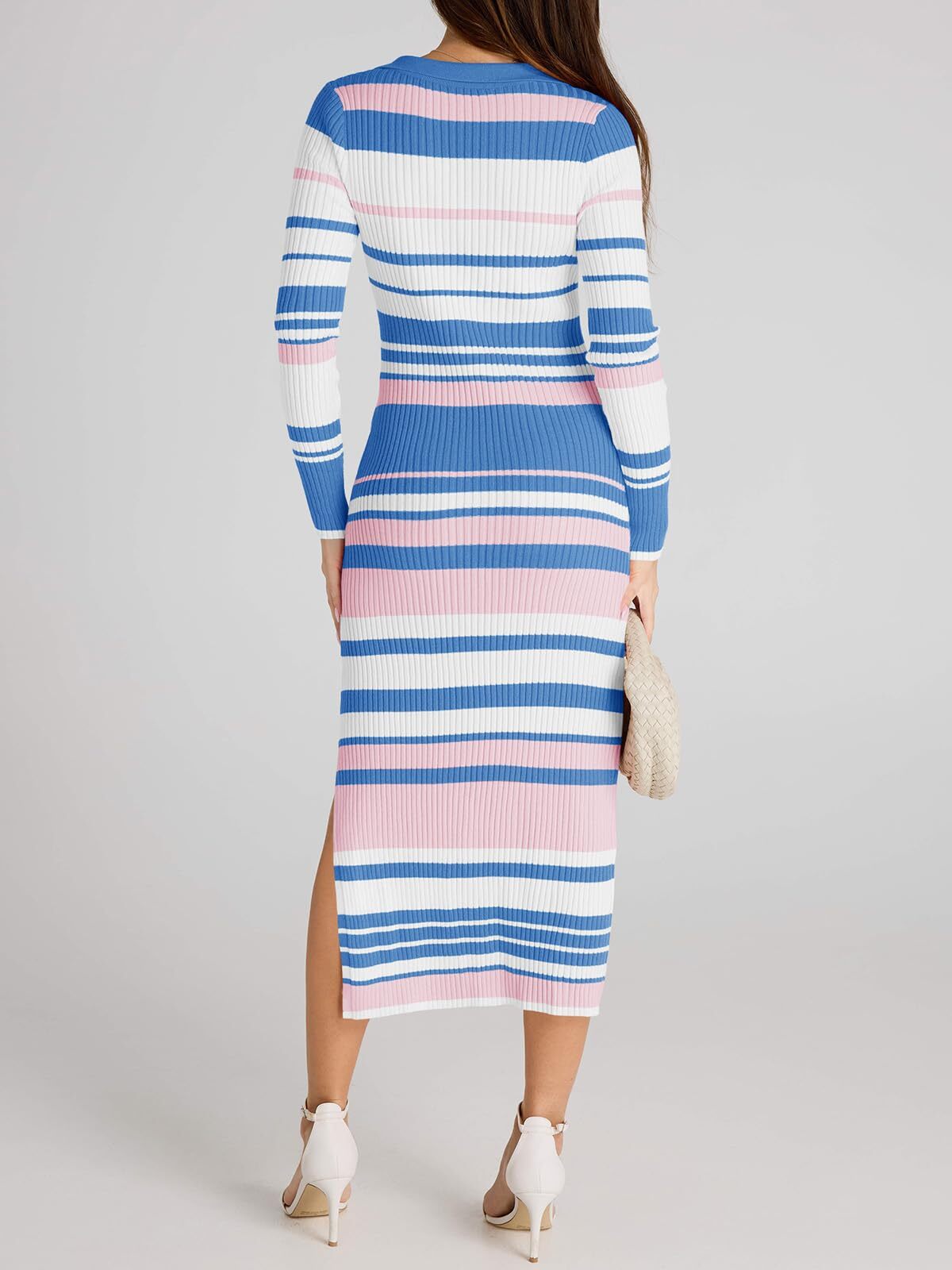 Womens Striped Sweater Dress V Neck Collared Slim Fit Sexy Midi Dress (Pink, S)