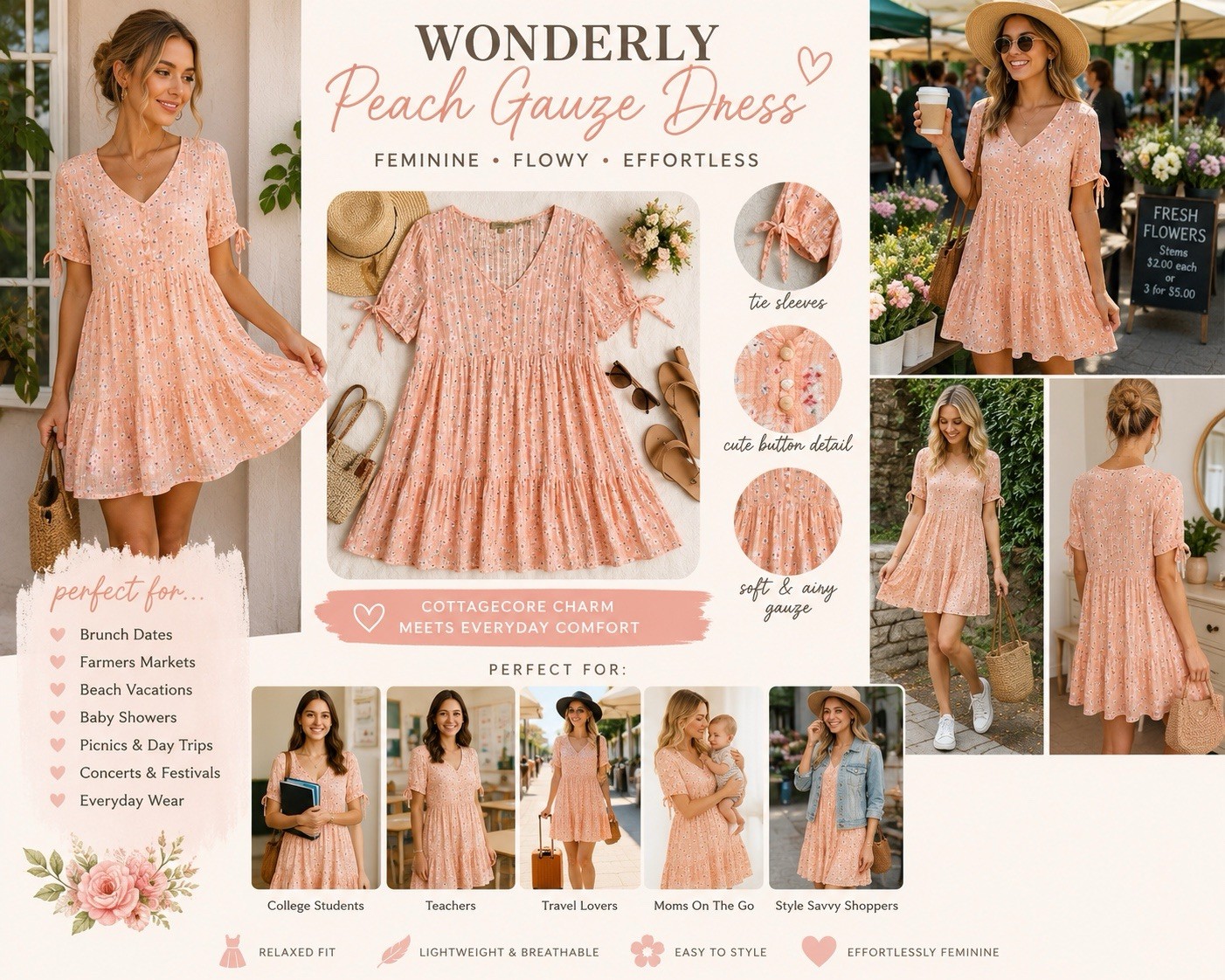 Wonderly XL Peach Gauze Tiered Babydoll Mini Dress Cottagecore Tie Sleeve