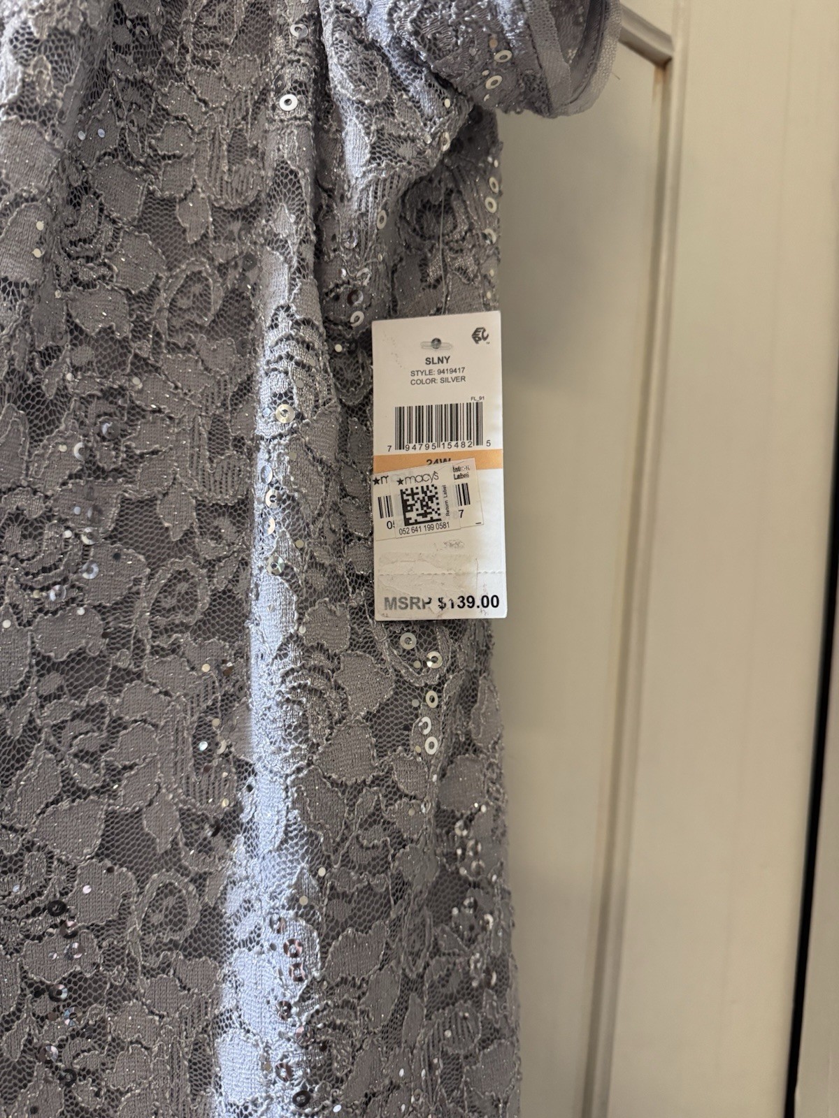 NWT SLNY Silver Lace Sequin Midi Dress Illusion Scoop Collar Size 24W for $30