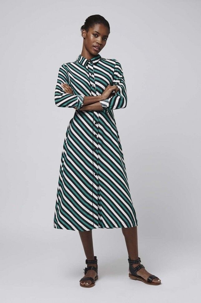 Topshop Striped Button Up Midi Shirt Dress Green White Black Mod Retro Collar