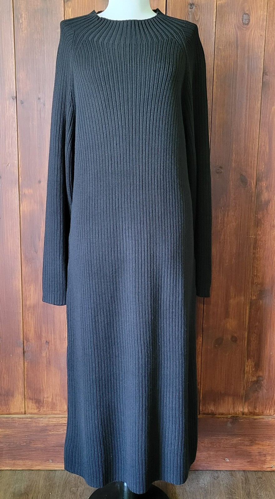 Vintage Coldwater Creek Direct Sweater Dress Women L Black Ribbed Maxi Sunburst