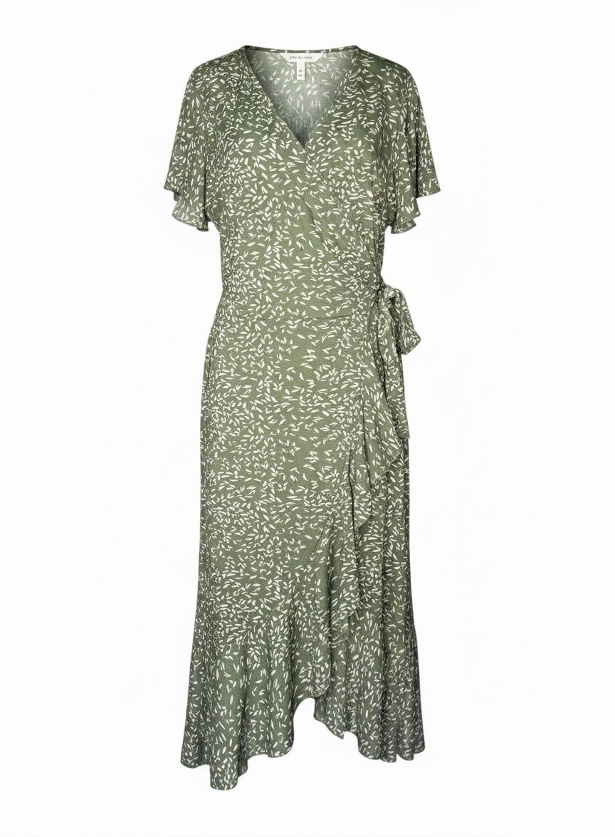 Auselily 2XL Green White Floral V-Neck Wrap Midi Dress Flutter Sleeve Knit