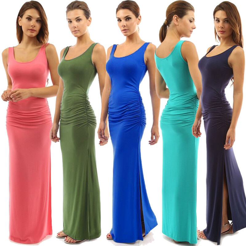 Women’s Casual Long Slit Dresses Slim Tank Dress Sleeveless Maxi Ruffles Dresses