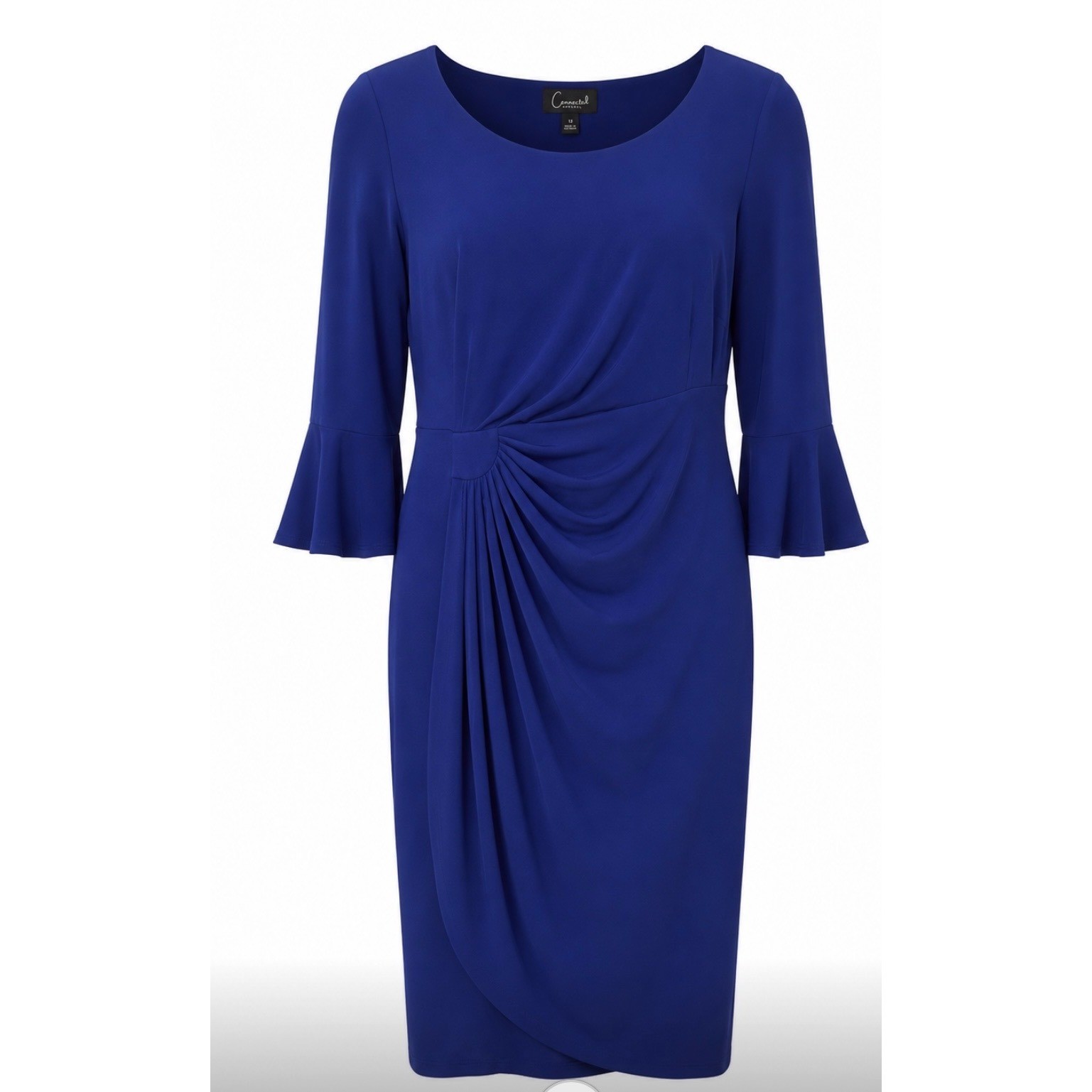 Elegant Connected Royal Blue Ruched Bell Sleeve Sheath Dres Size 14