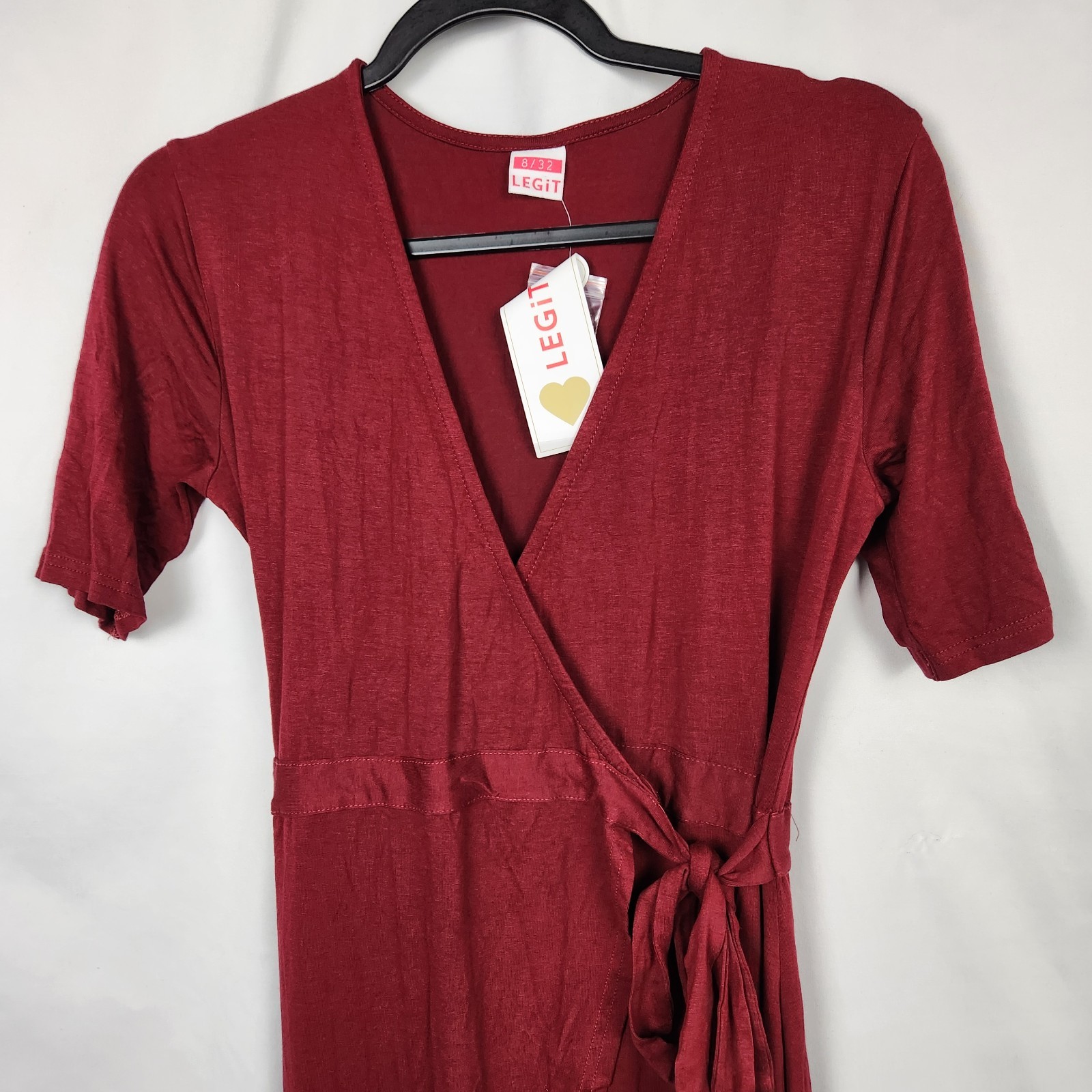 Legit Vneck Wrap Dress Open Leg Burgundy Size 8 Length 32in NWT Short Sleeve