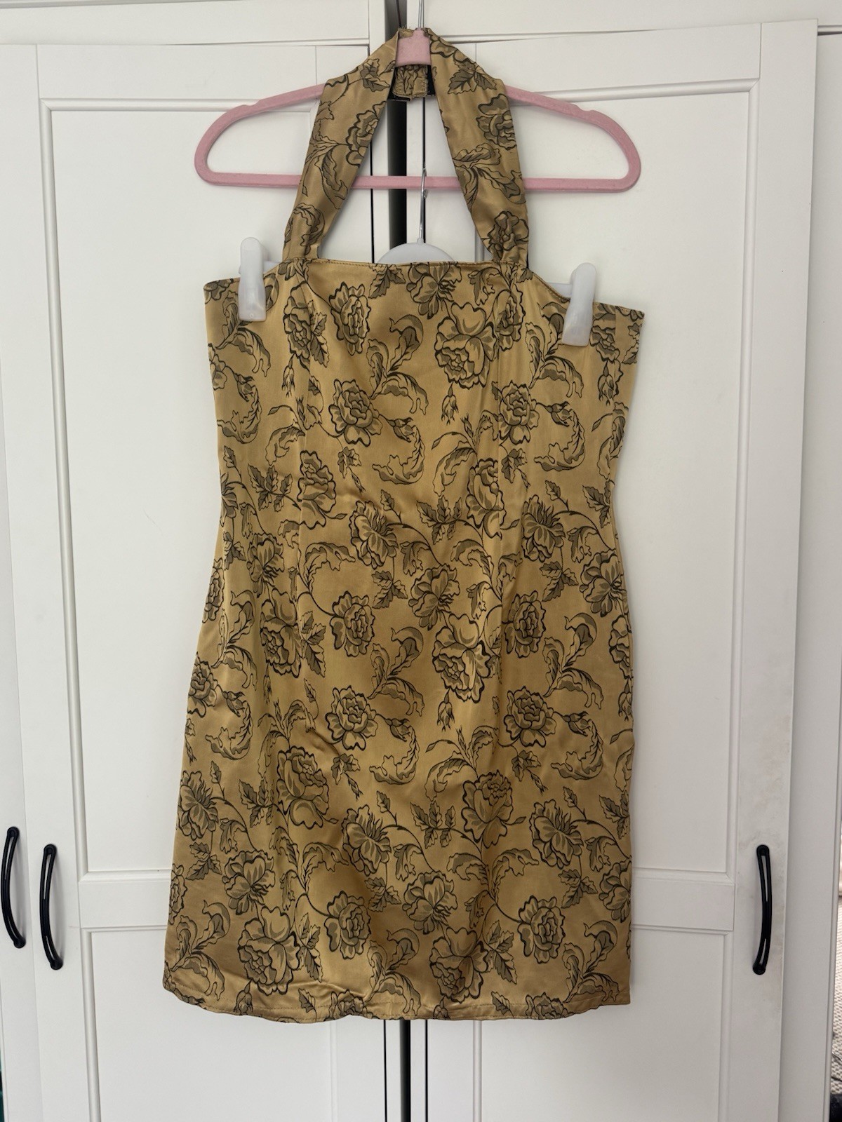 Vintage BHS Gold Floral Jacquard Halterneck Dress & Matching Wrap Set Uk 16 Y2K