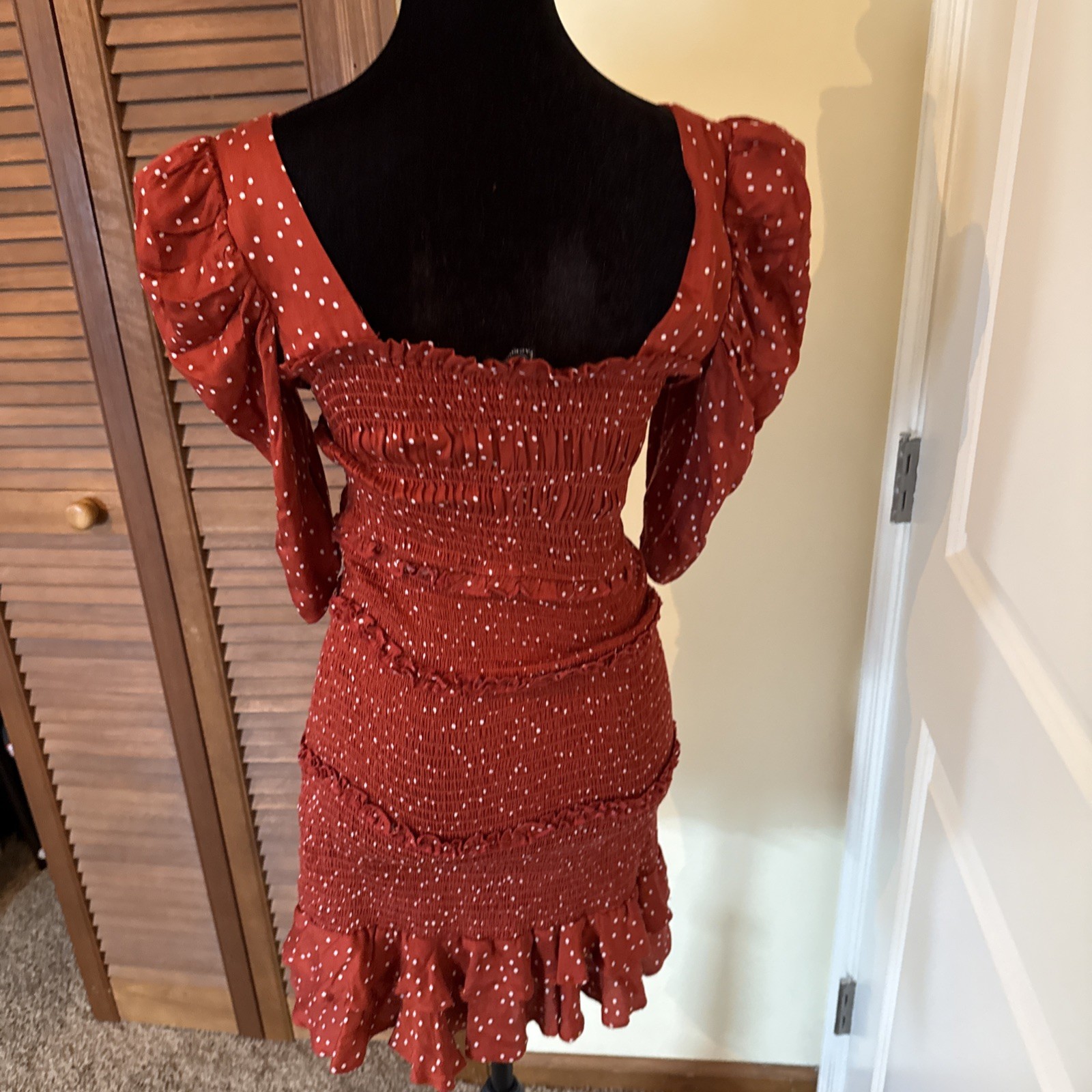 Olivaceous Smocked Puff Sleeve Mini Dress Burnt Orange Polka Dot Size Medium