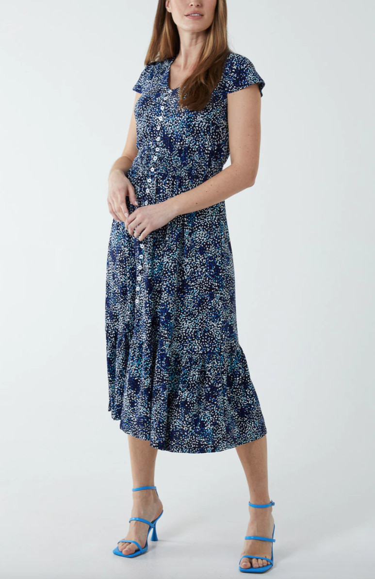 New Women Blue Ditsy Floral Front Buttons Through Midi Dress. UK 8 10 12 14 16