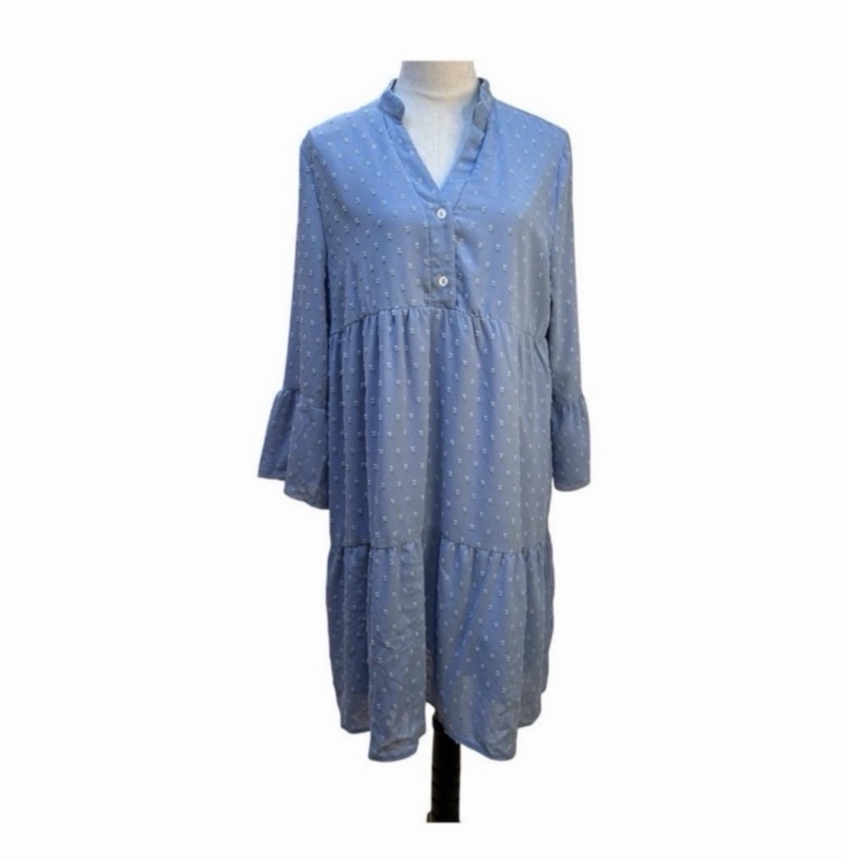 Skue Light Blue Textured Tiered Midi Dress Bell Sleeve Button VNeck Women’s XL