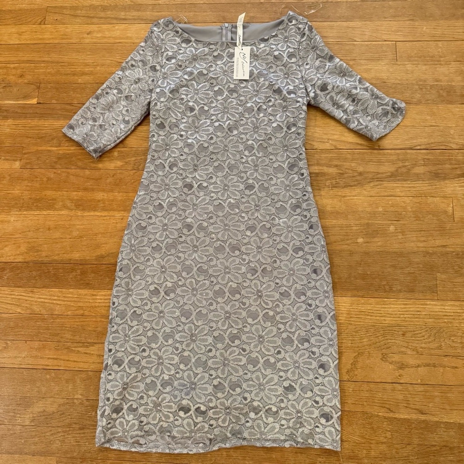 NWT NY Collection gray silver crocheted overlay formal midi shift dress M b41