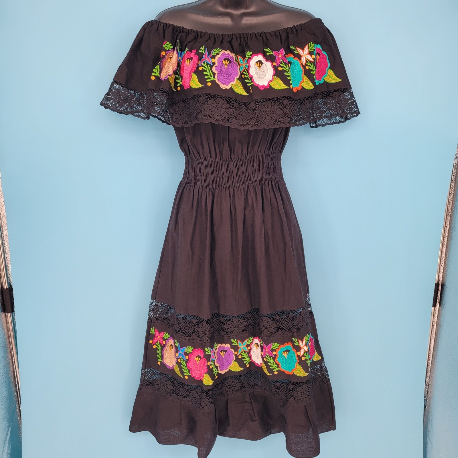 Mexican Embroidered Dress Women One Size Boho Off Shoulder Lace Black rare