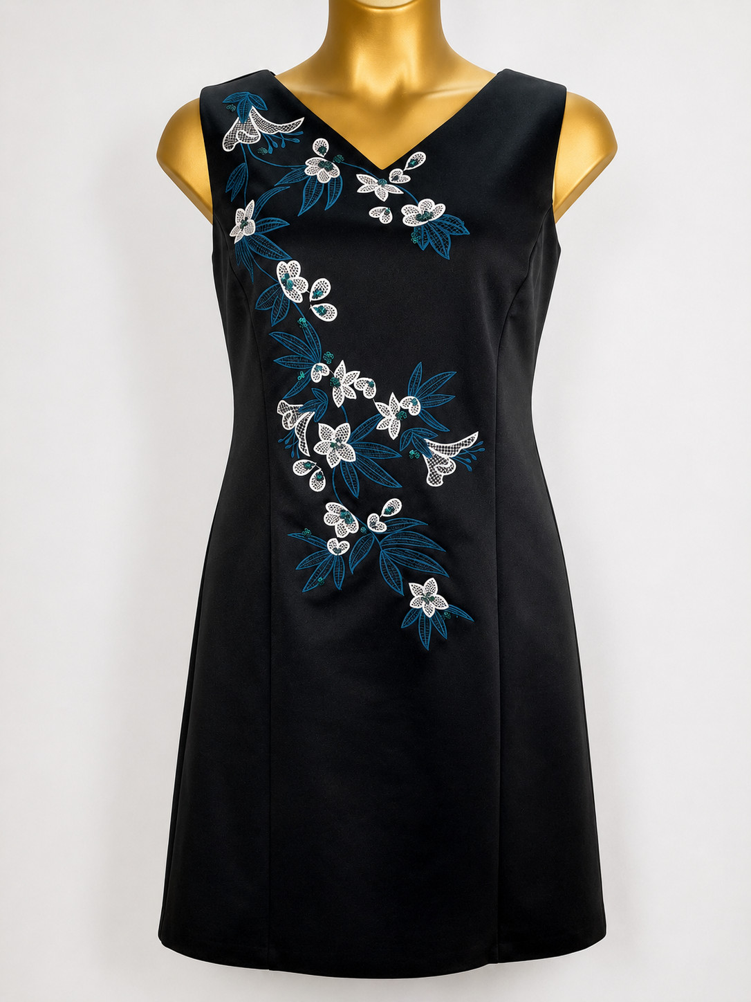 Precis Petite Black Embroidered Shift Dress UK 18 Floral Sequin Occasion Dress