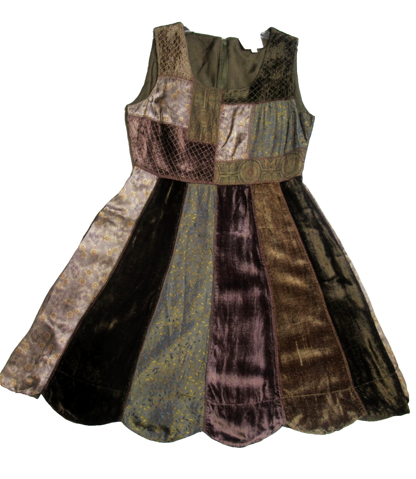 Vintage RENE DERHY VELVET PATCHWORK DRESS Brown Olive Scalloped Hem Size S Boho