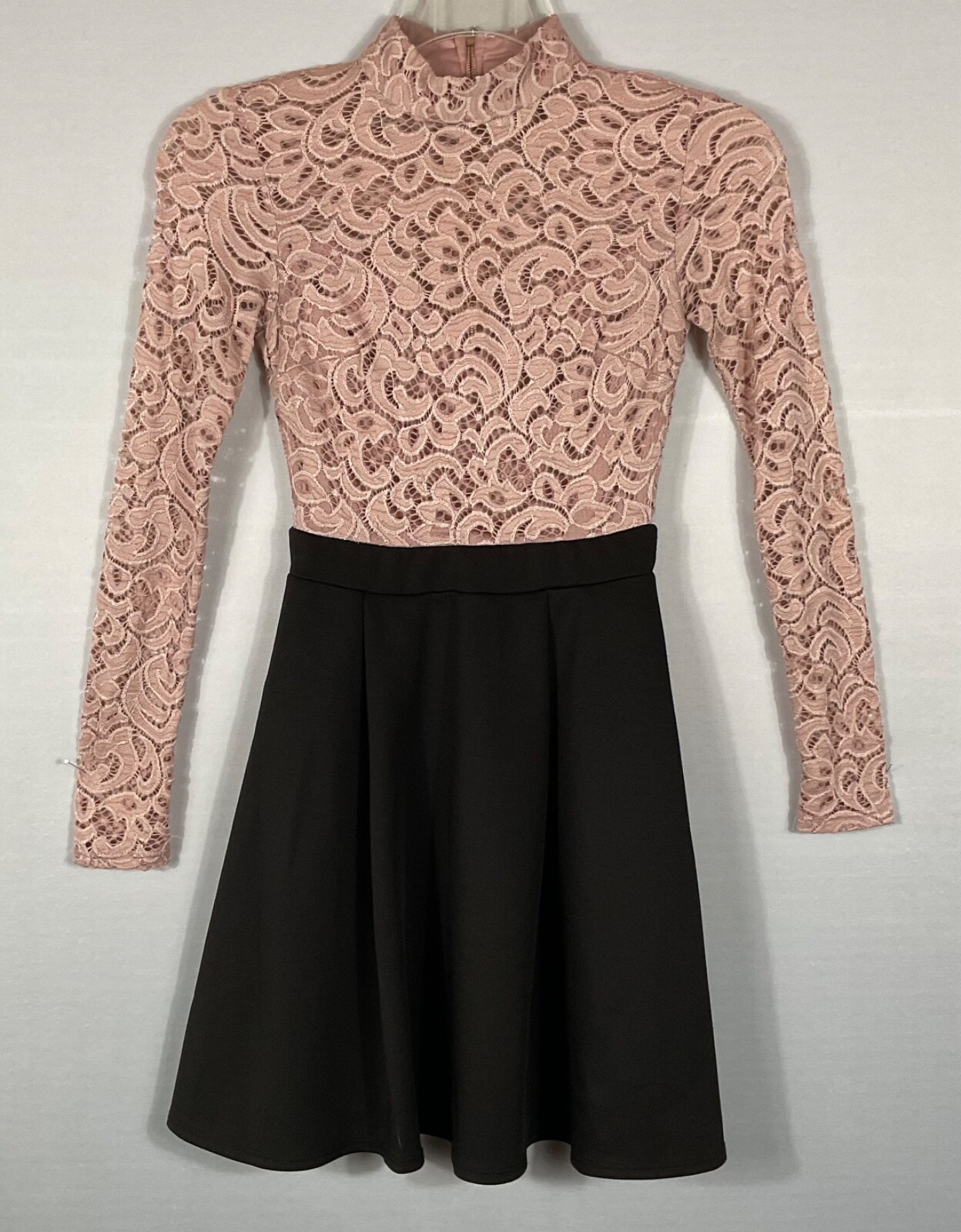 B Darlin Dress Women 5/6 Pink Lace Too Black Skirt Mixed Fabric Zip Long Sleeves
