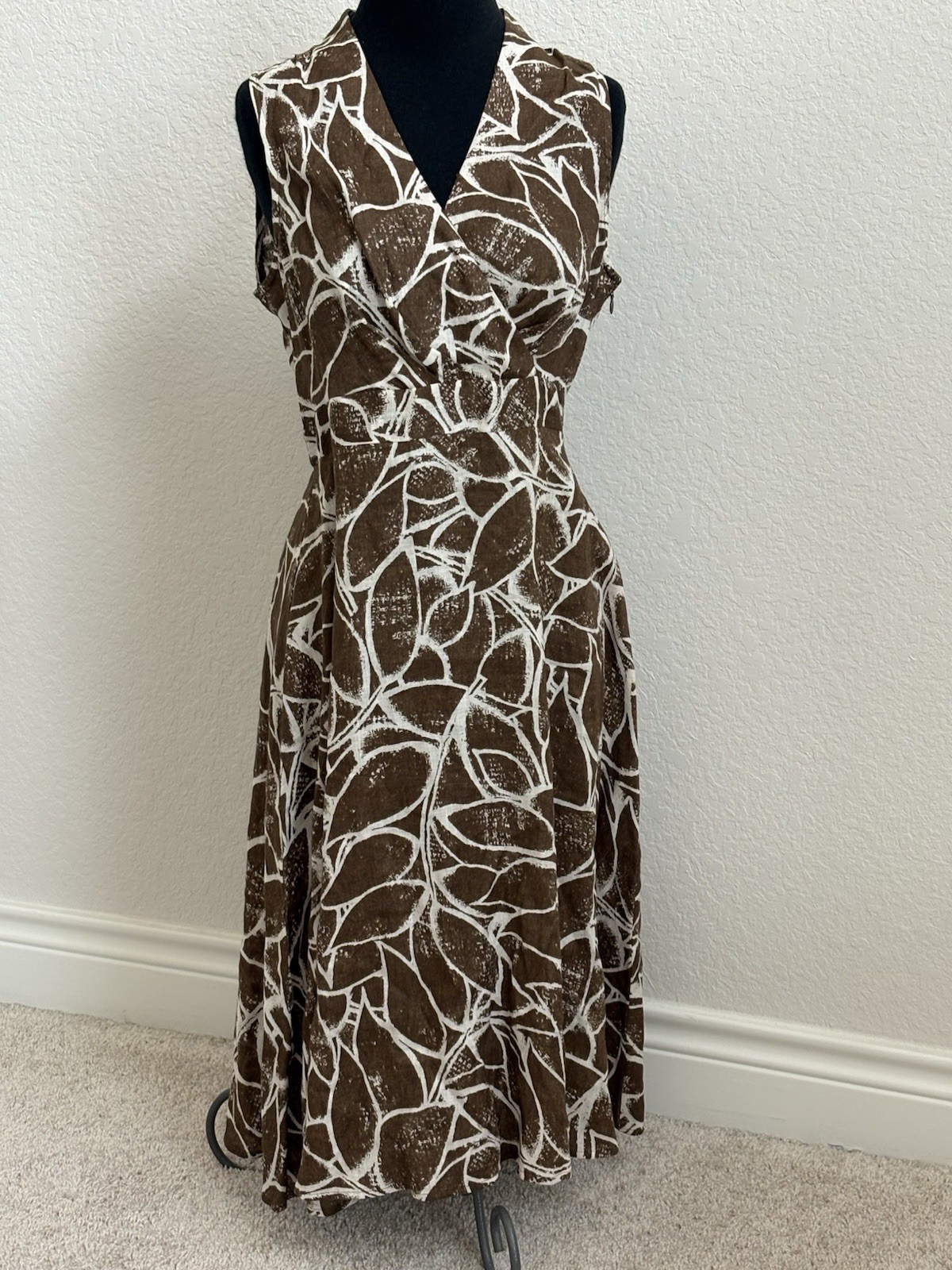 Rafaela 100% Linen Crossover V-neck Sleeveless Midi Brown Leaf Print Boho Chic