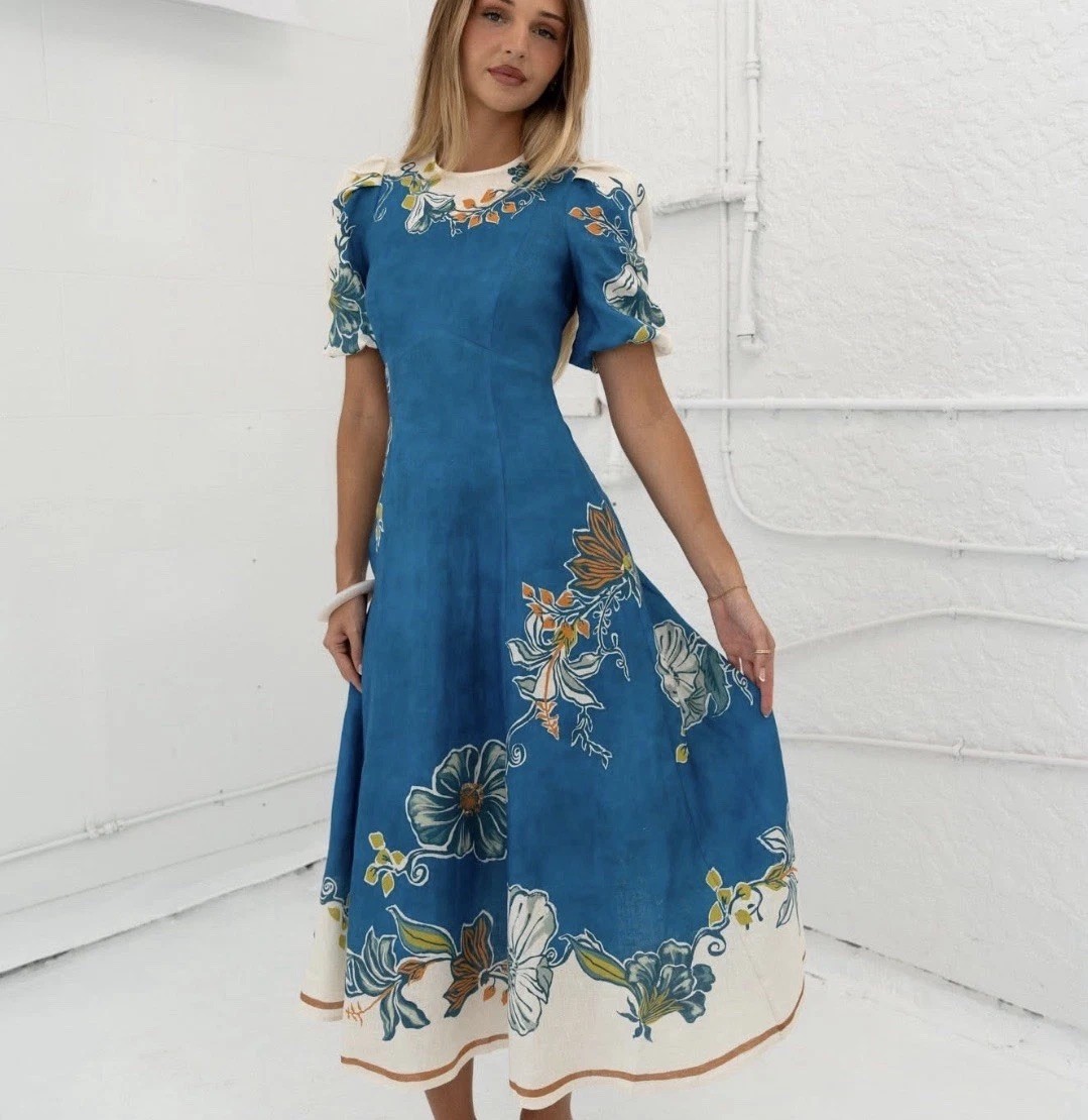 Alemais Luda Midi Dress Size 8 AU /4 US Puff Sleeve Blue Floral Linen Round Neck