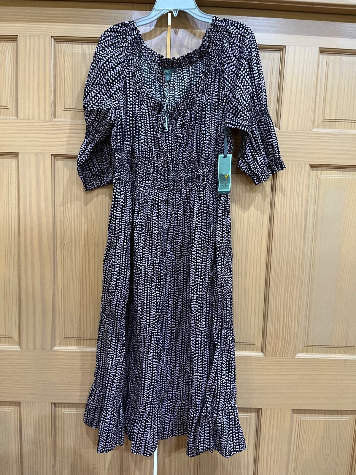 Terra & Sky Women’s Plus U pick Smocked Waist Dress Falling Dots Black Lavender