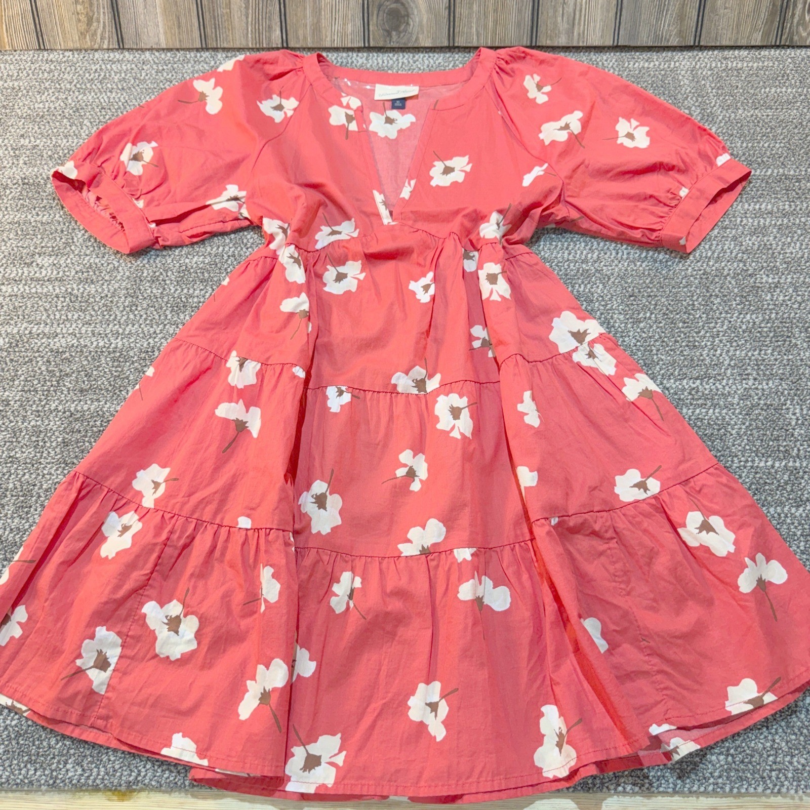 Universal Thread Womens Coral Pink Floral Tiered Mini Babydoll Dress V-Neck XS