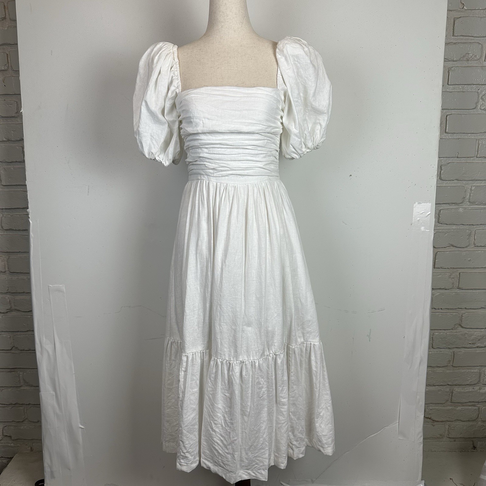 Abercrombie & Fitch Emerson Puff Sleeve Midi Dress White Milkmaid Cottage XSP