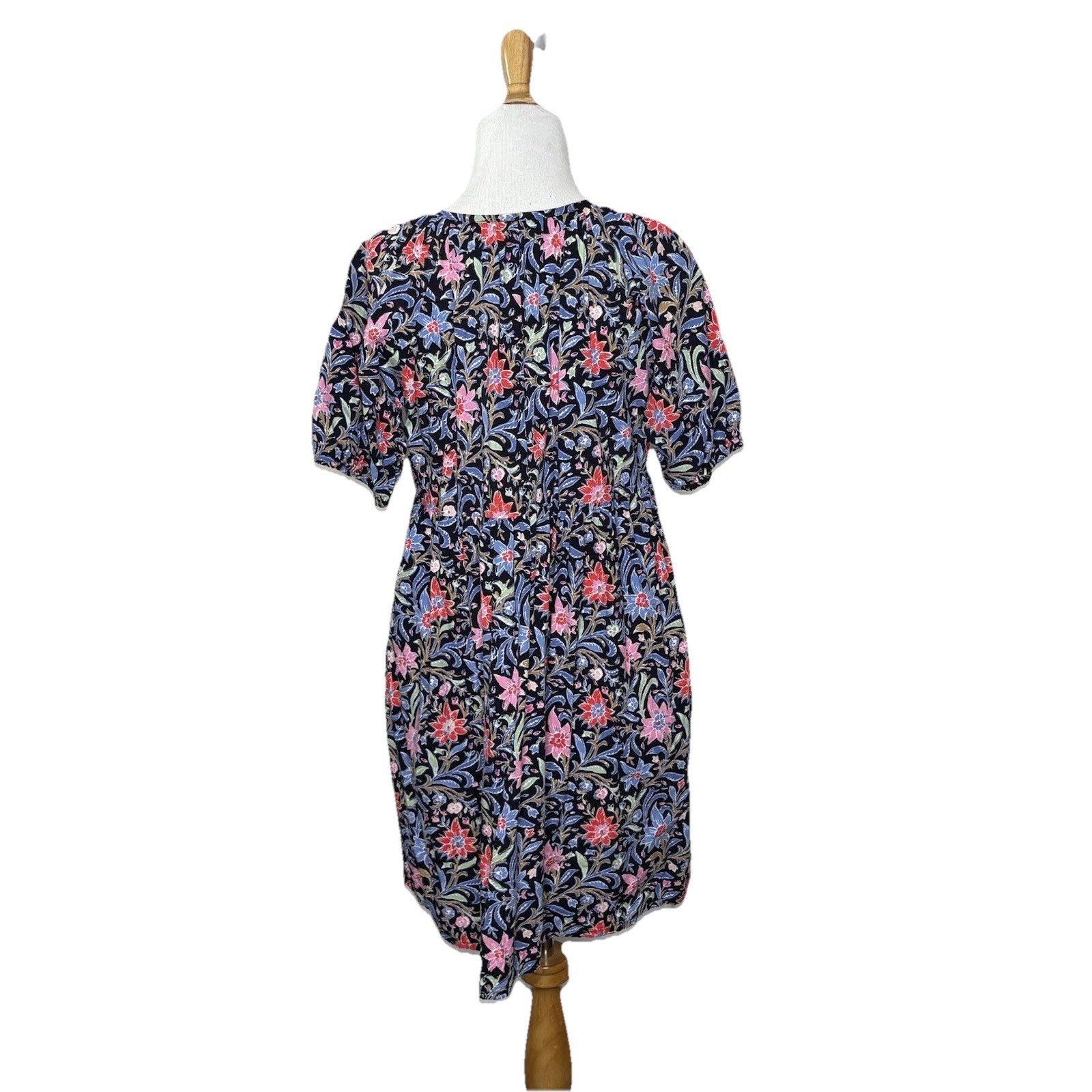 Loft Spring Red Pink Bloom Black Button Front Swing V Neck Dress Size Medium