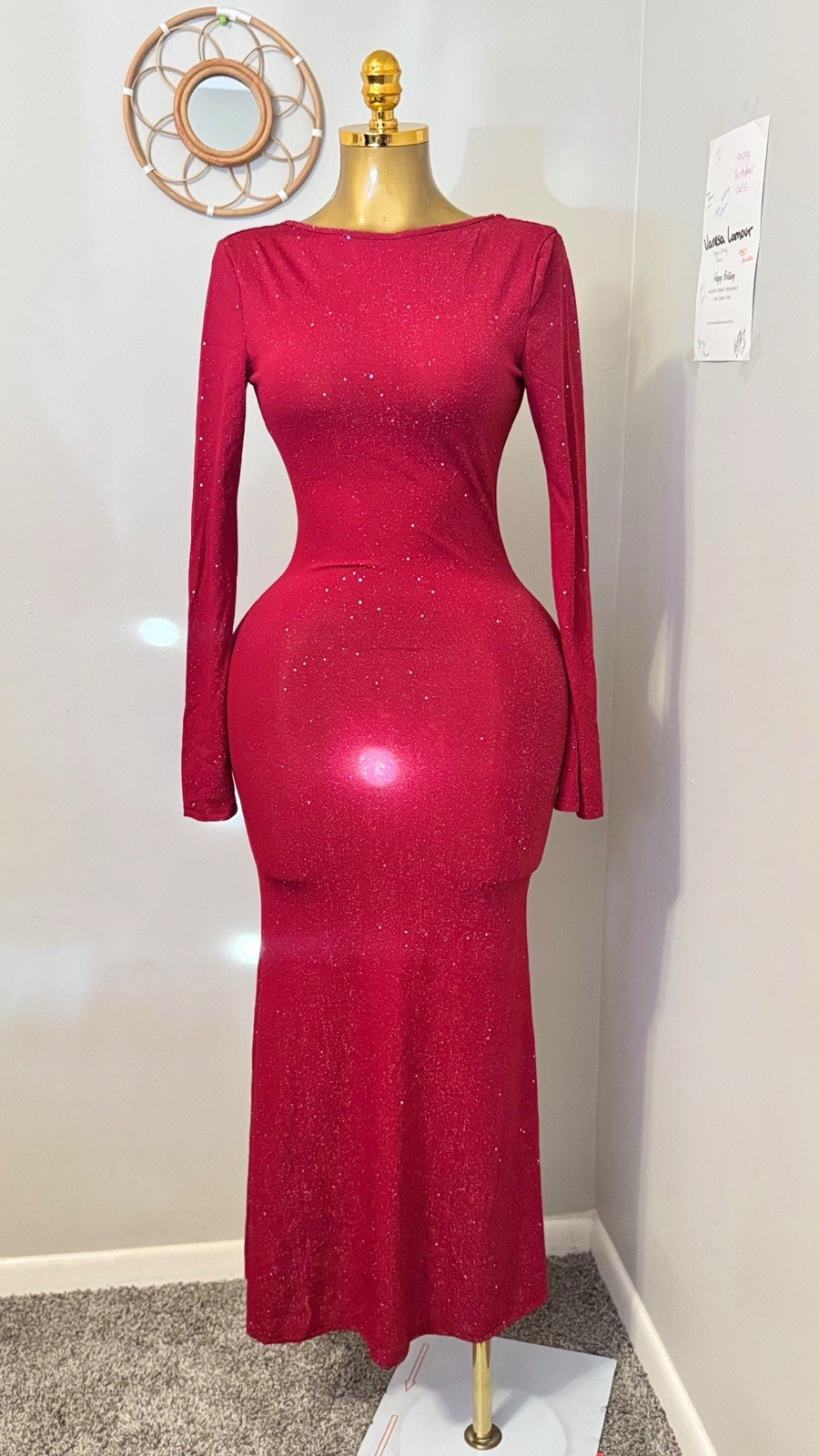Sparkly Red Open Back Maxi Dress | Long Sleeve | Evening | Formal | Holiday