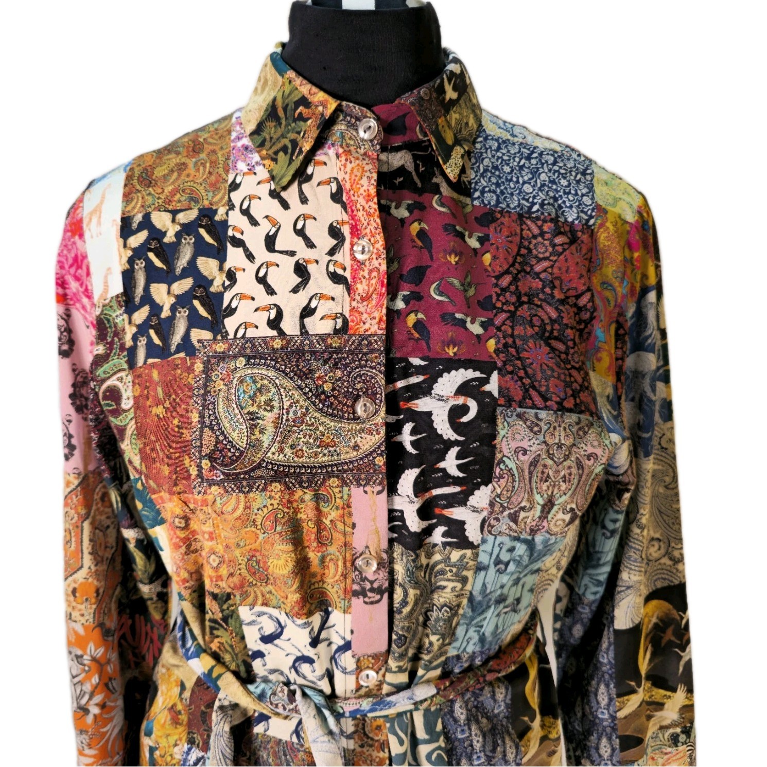 Unbreak.it Patchwork Silk Button Up Shirt Dress Small Tied Wild Animal Print