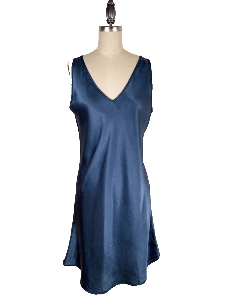Valerie Stevens Satin Slip Dress Size M Blue V-Neck Sleeveless Below Knee Length