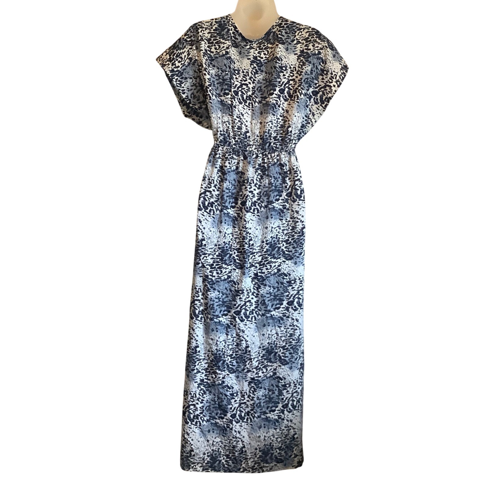 Kendall + Kylie Blue Animal Print Maxi Dress V-Neck Elastic Waist Small NEW