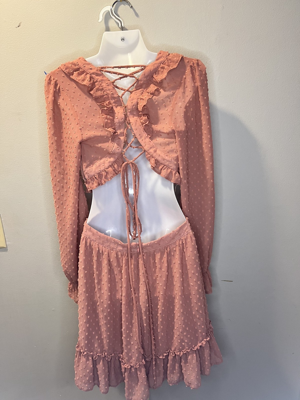 DO+BE Dusty Rose Swiss Dot Cutout Mini Dress Long Sleeve Ruffle Size S