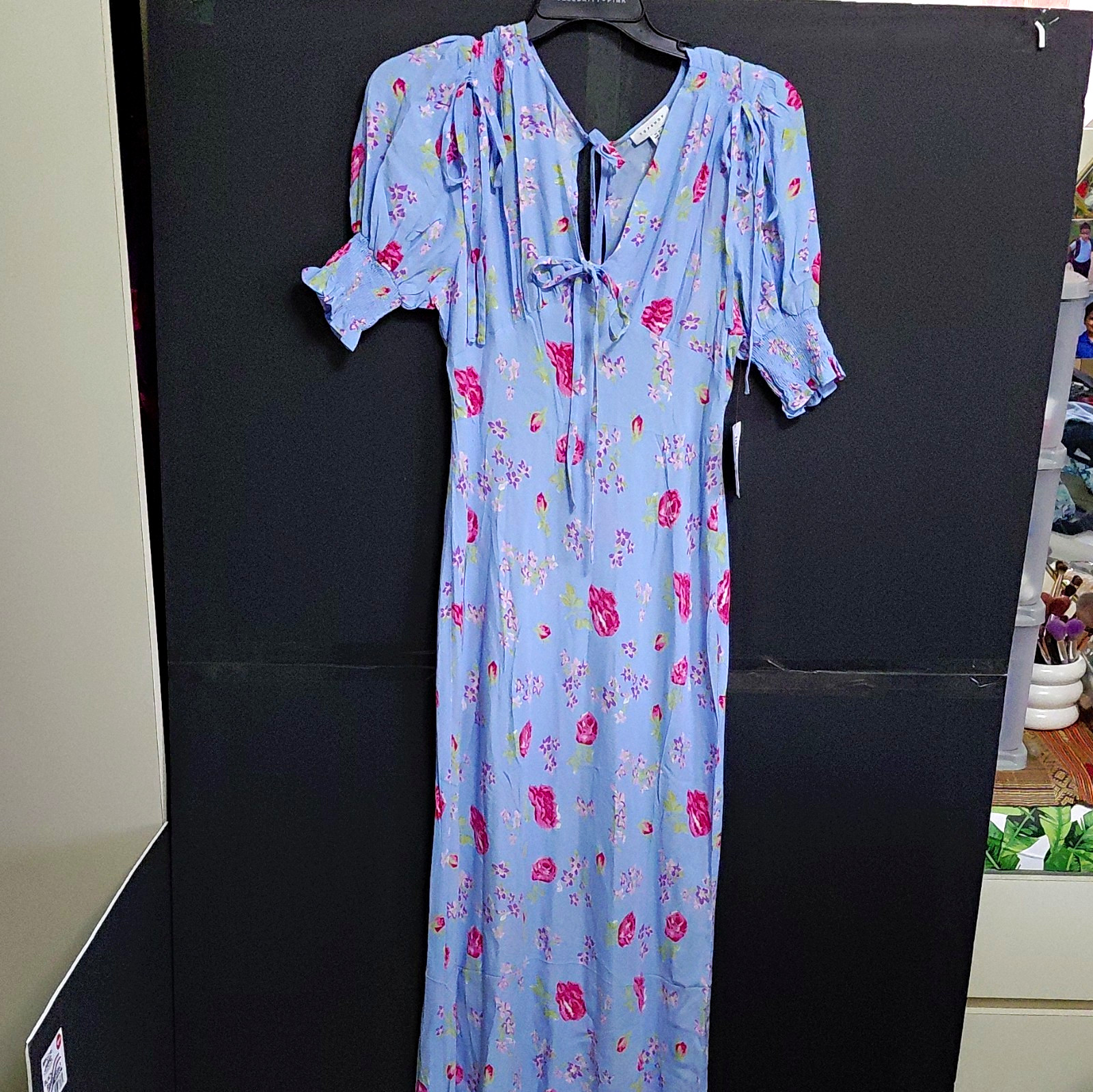 Topshop Blue Floral V-Neck Puff Short Sleeve Maxi Dress Tie Neck Viscose US 12