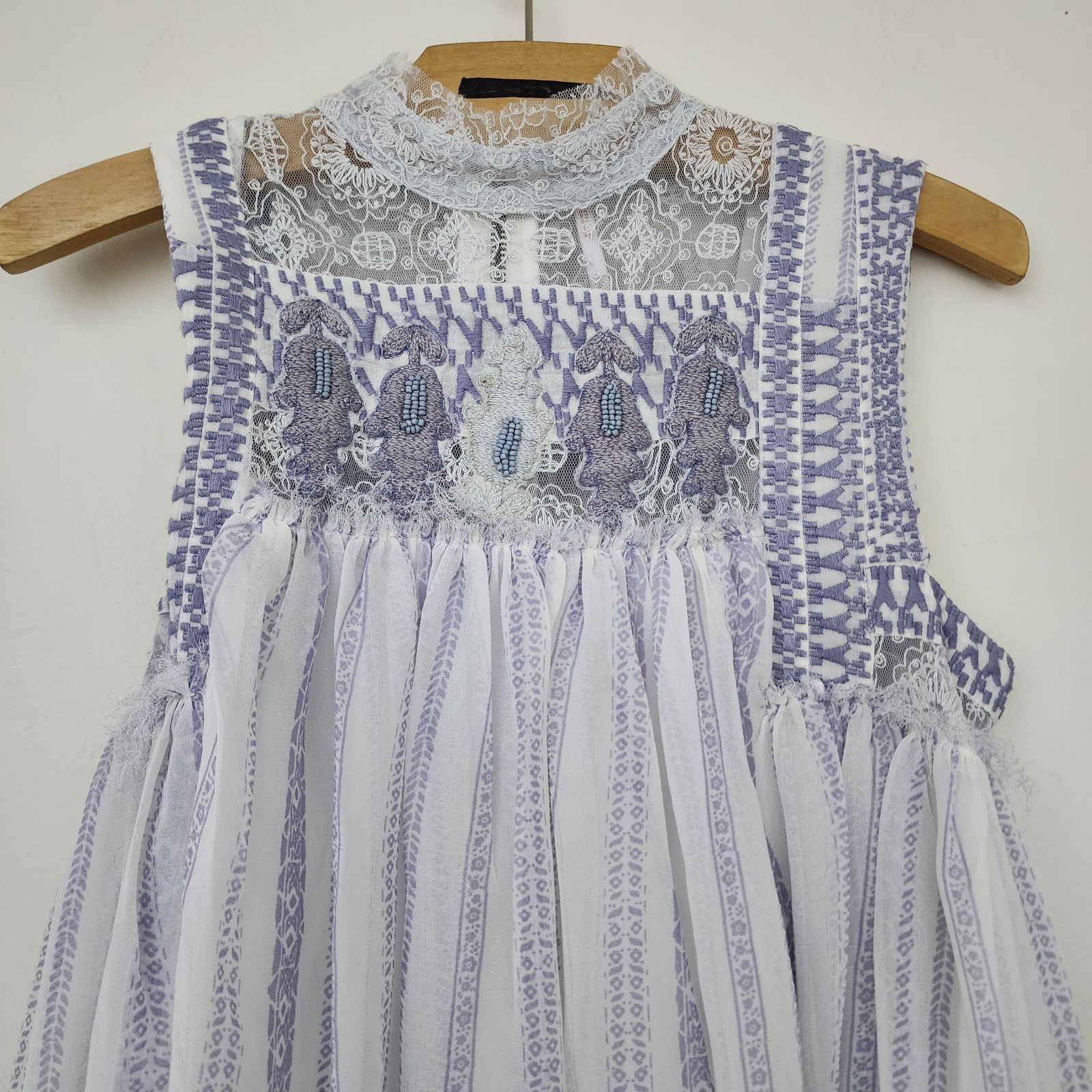 Free People Shift Dress S Ivory Lavender Embroidered Penny Georgette Babylon