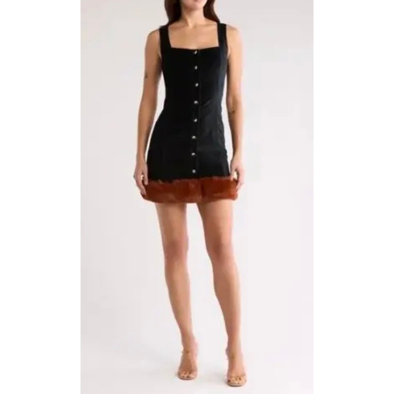 Staud mini dress square neck button-down front yin-yang symbols, faux fur (New)