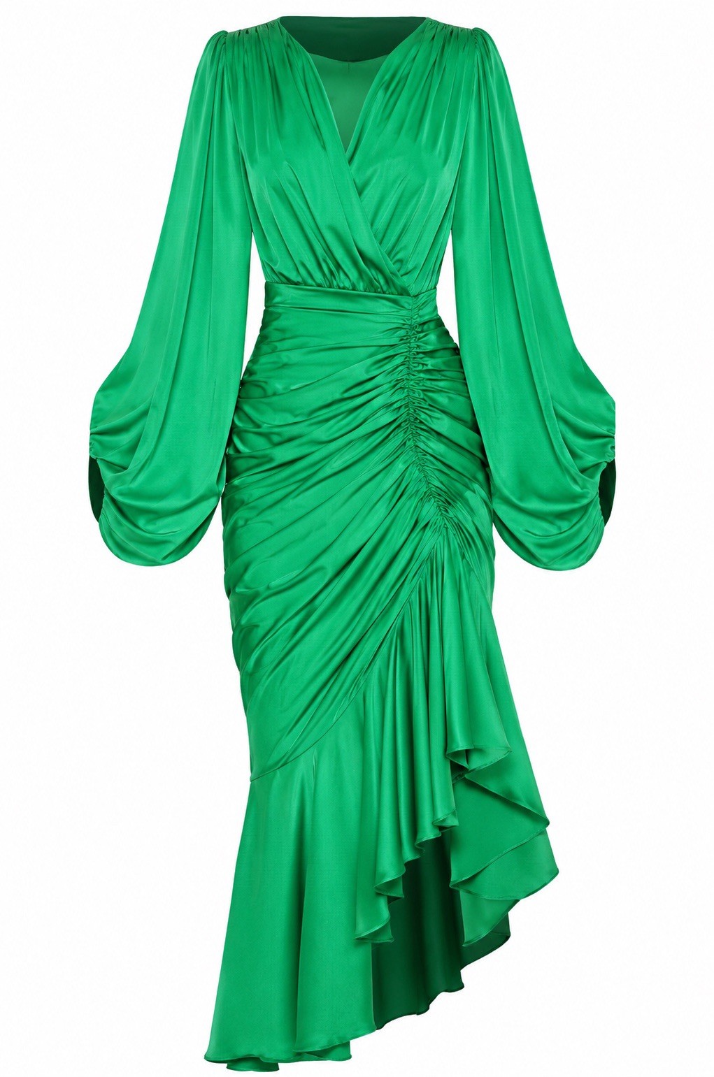 Emerald Green Jacquard Satin Ruched Ruffle Midi Dress Lantern Sleeves Size M