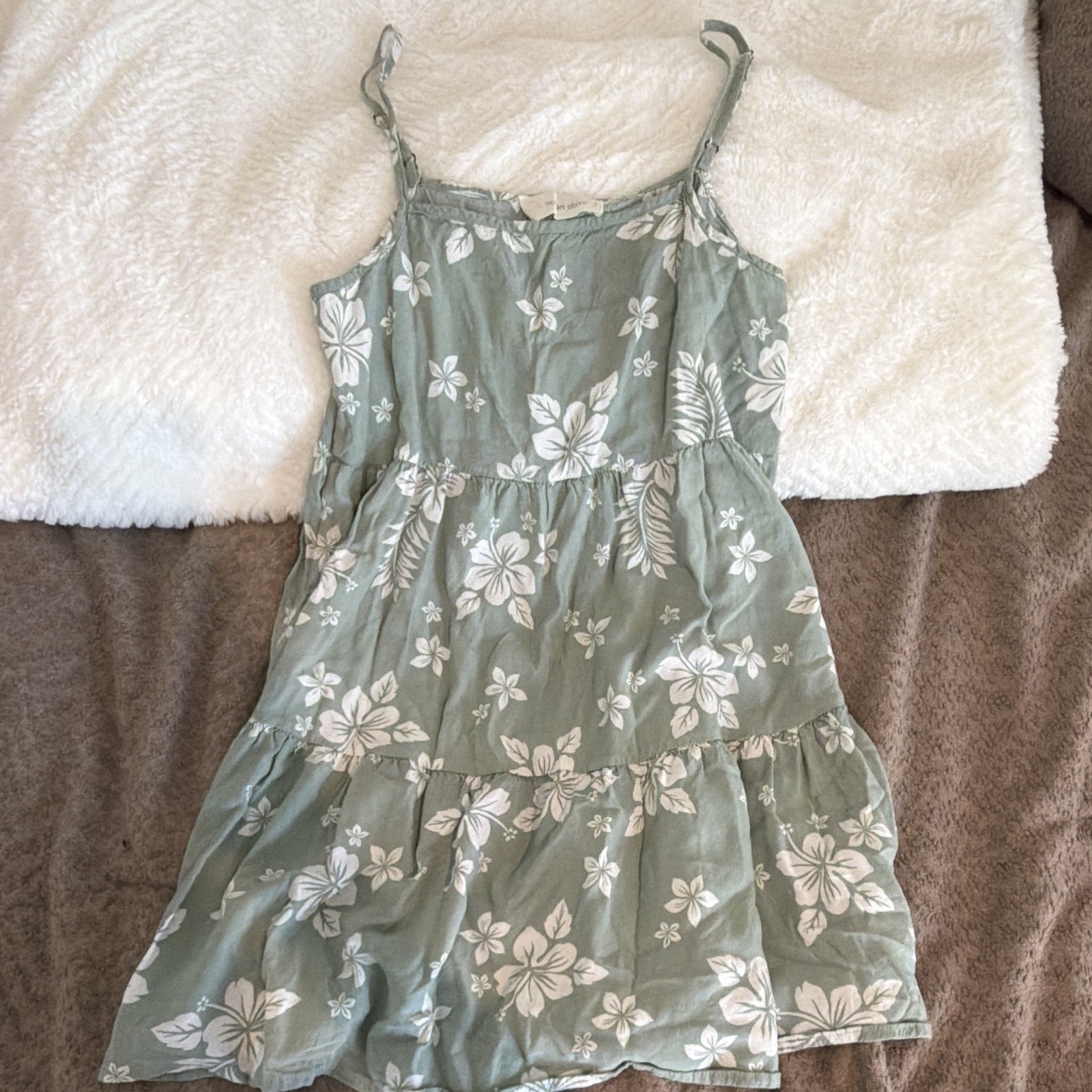 Green White Floral Tiered Sundress Square Neck Adjustable Straps Women’s XS