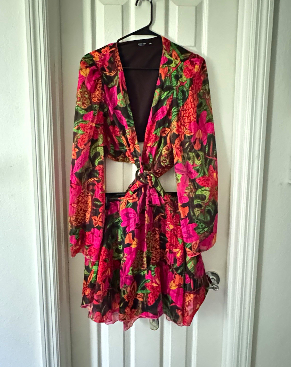 SHEIN Women’s Multicolor Floral V-Neck Tie Front Cutout Ruffle T-Shirt Dress 1XL