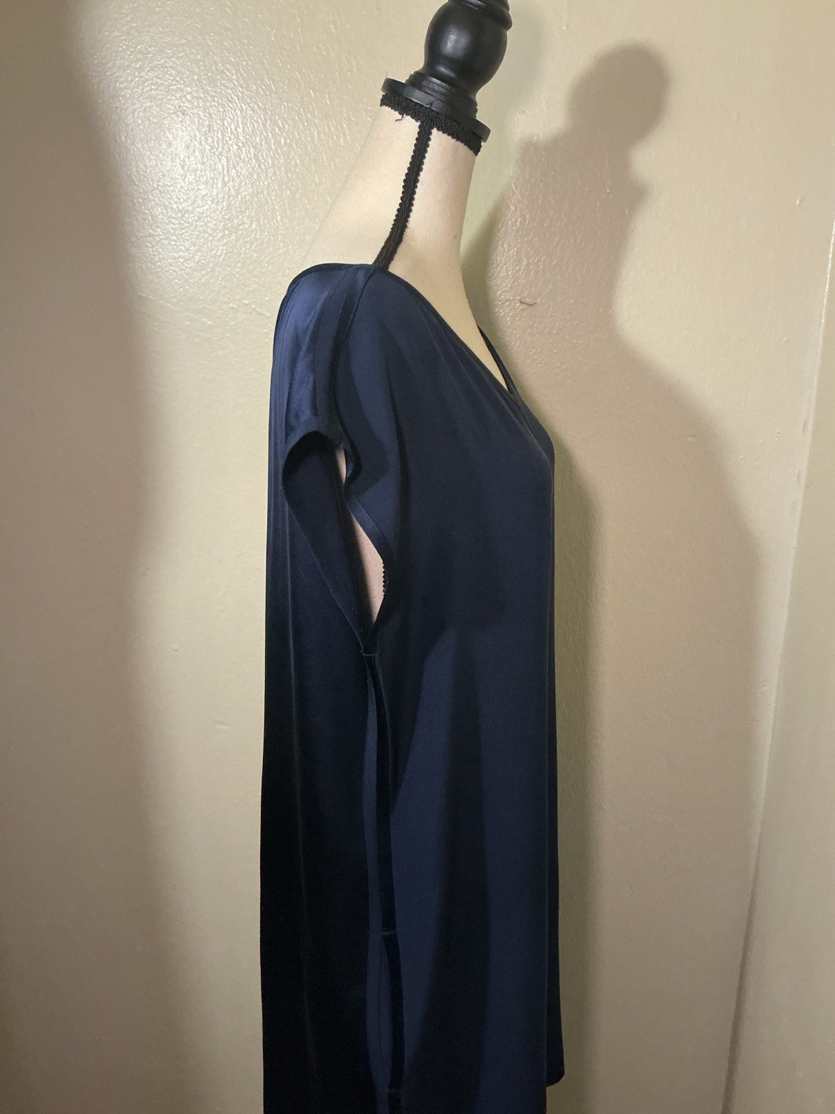 Eileen Fisher 100% Silk Shift Dress Blue Cap Sleeve Pockets Women’s Medium