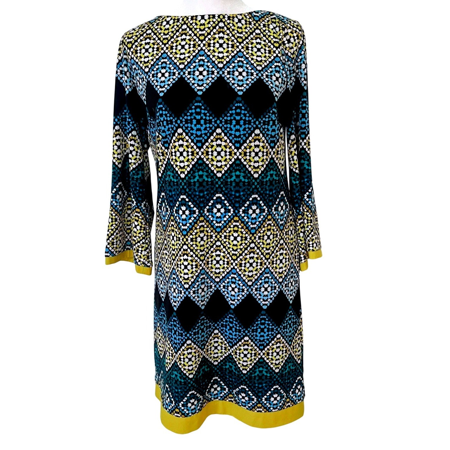 Eliza j geometric mosaic print shift sheath dress full zip women 4 black green
