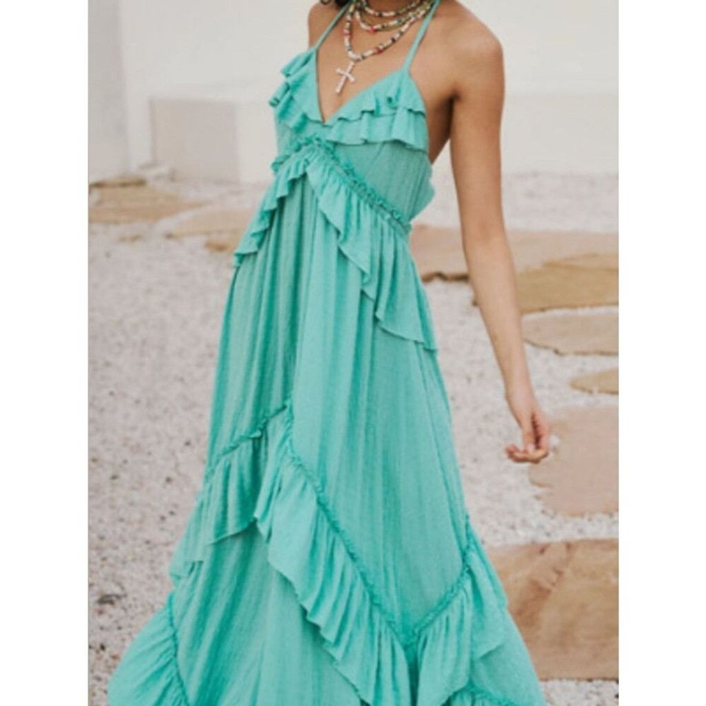 Whimsical Seafoam Green Bohemian Tie-Back Maxi Dress Size S M L XL