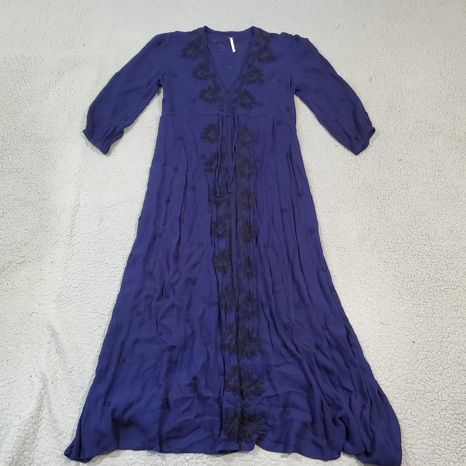 Free People Dress Womens Extra Small Blue Black 3/4 Sleeve Maxi Lightweight