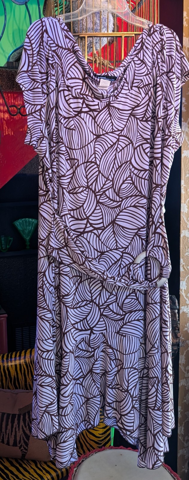 Angel Women Dress VTG Sz 3XL Brown Beige Leaf Aysemmetric Midi Skirt Belt Attach