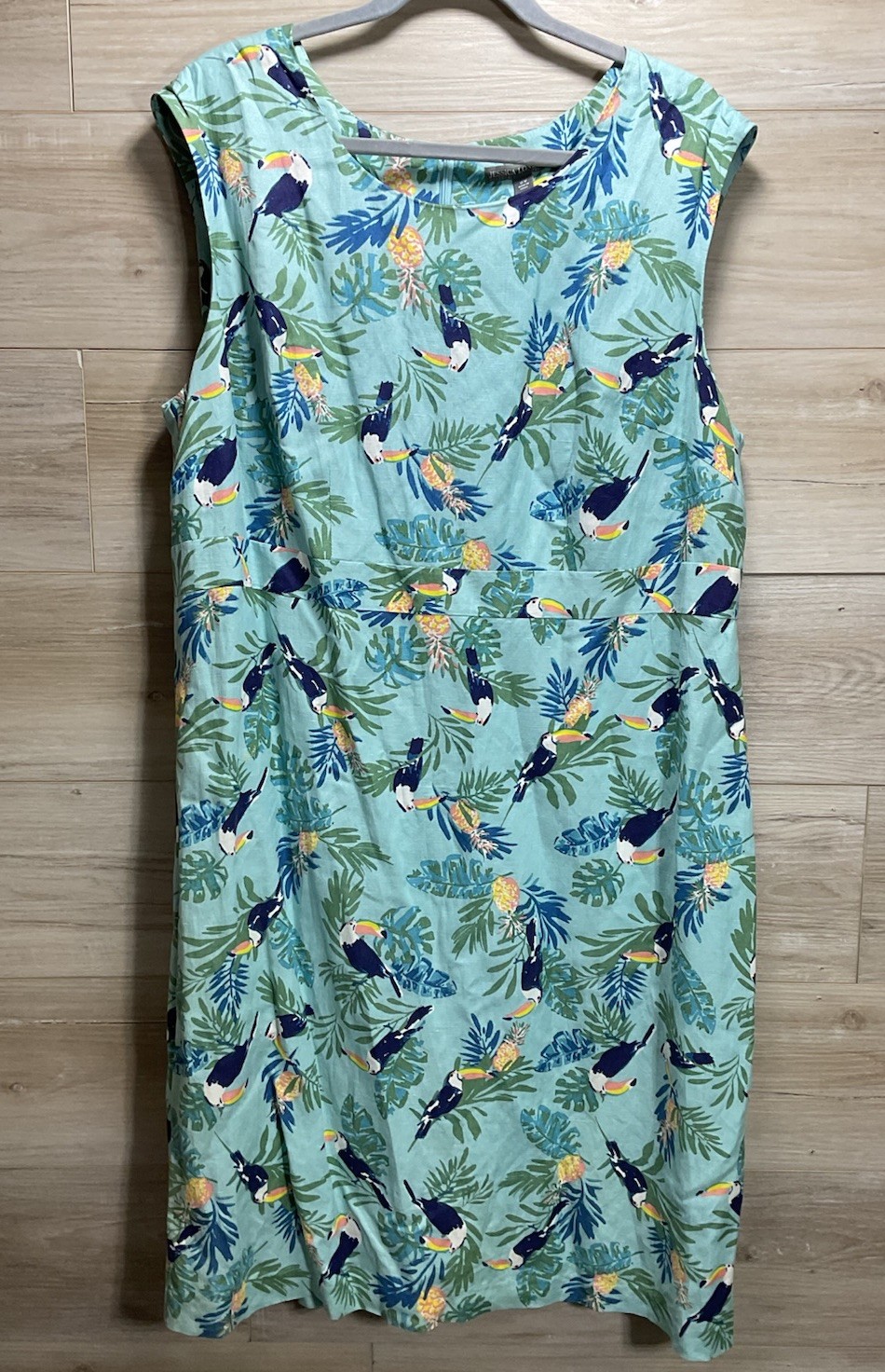 Jessica London 18W Linen Blend Dress Turquoise Floral Bird Print Lined